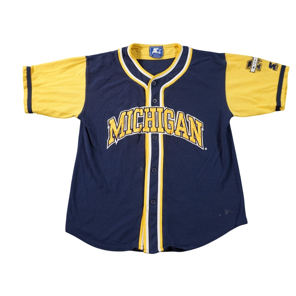 Vintage Starter Michigan Wolverines Baseball Jersey Mens M Blue Yellow Button Up